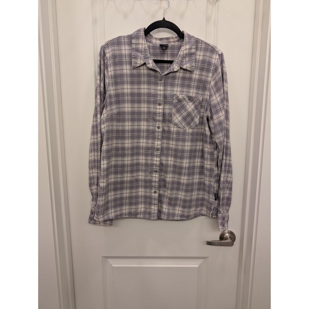 Patagonia Plaid Button Up Shirt Women's Size 12 Gray Purple Long Sleeve FLAW